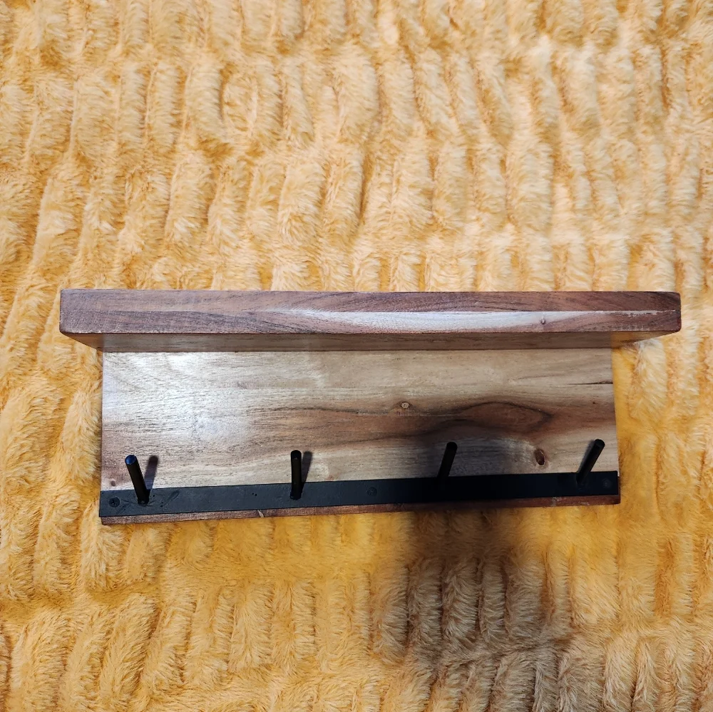Solid Wooden Shelf with Metal Hooks